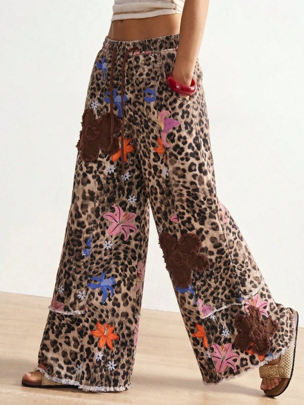 Khaki Casual Women's Vacation Boho Leopard Print Floral Wide Leg Long Pants - Picture 7 of 7